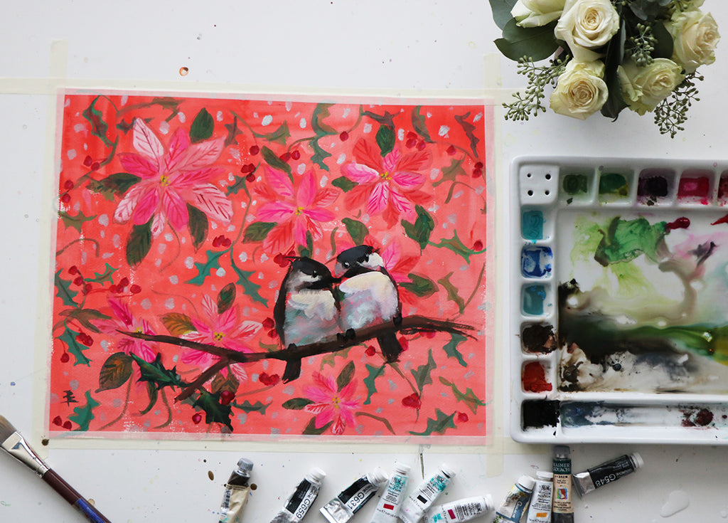Holiday Chickadees in Gouache