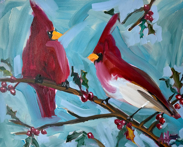 Cardinals and Holly Original Painting by Angela Moulton