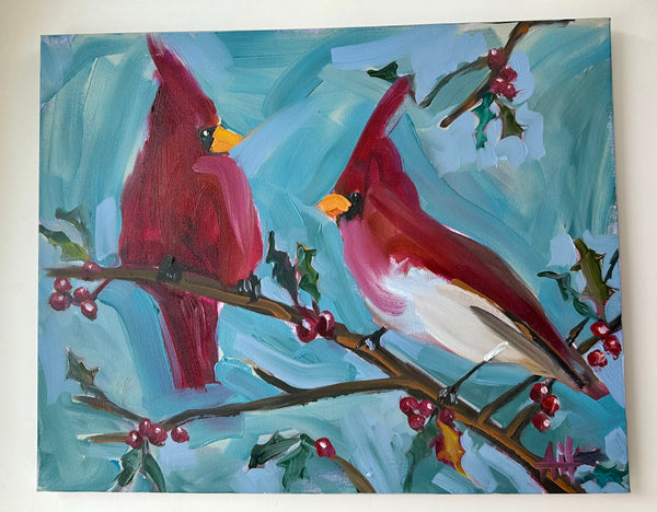 Cardinals and Holly Original Painting by Angela Moulton