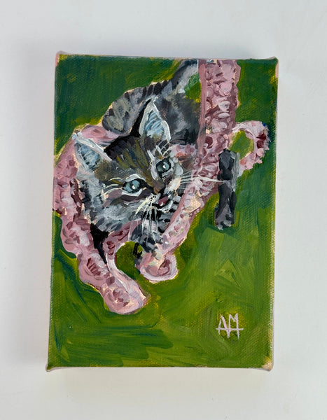 Kitten Playing with Lace Original Painting by Angela Moulton