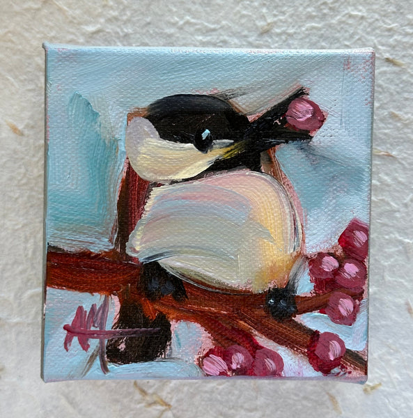 Chickadee with Berries Mini Original Painting by Angela Moulton