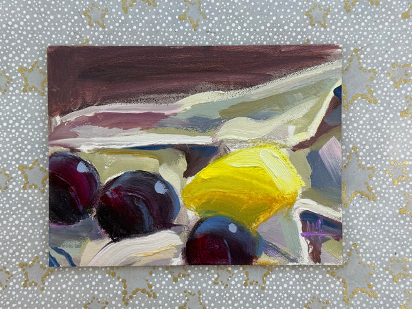 Plums and Lemon in Cloth Original Painting by Angela Moulton
