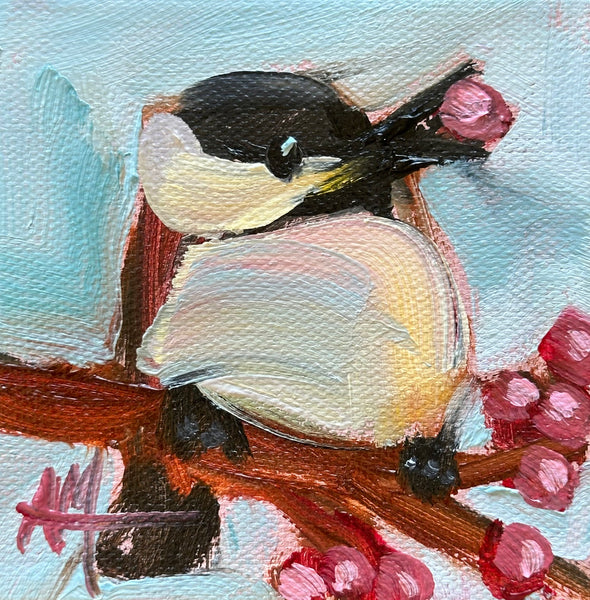 Chickadee with Berries Mini Original Painting by Angela Moulton