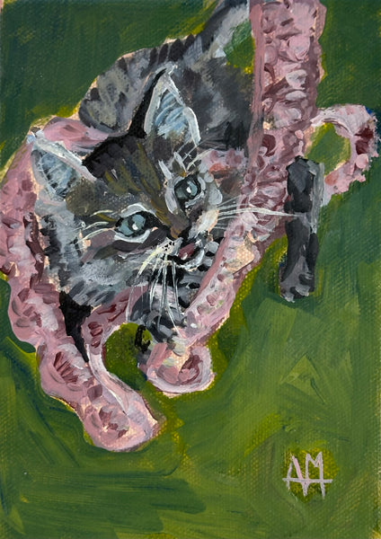 Kitten Playing with Lace Original Painting by Angela Moulton