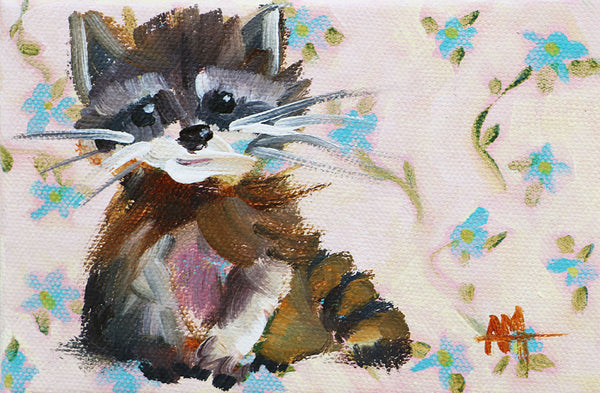 Baby Raccoon Floral Original Painting by Angela Moulton