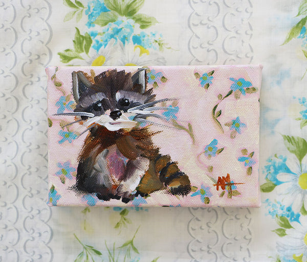 Baby Raccoon Floral Original Painting by Angela Moulton