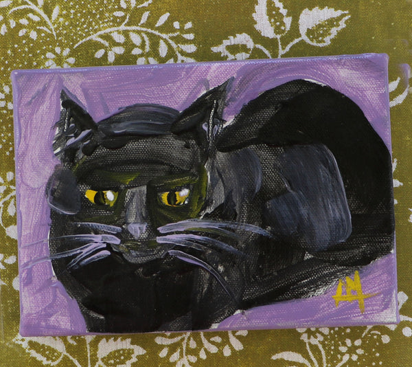 Black Cat on Purple Original Painting by Angela Moulton