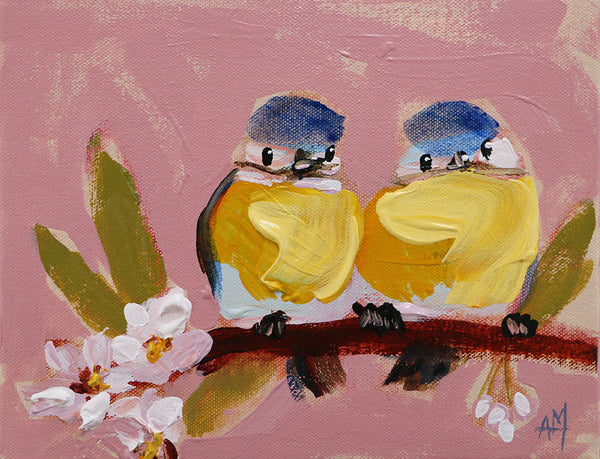 Blue Titbirds on Pink Original Painting by Angela Moulton