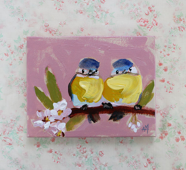 Blue Titbirds on Pink Original Painting by Angela Moulton