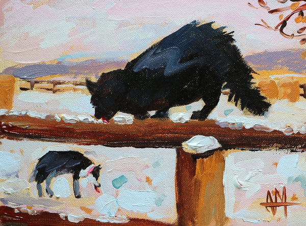 Cat and Dog Licking Snow Original Painting by Angela Moulton