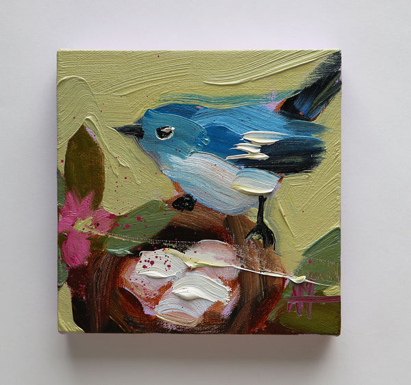 Cerulean Warbler Watching Over Nest of Eggs Original Painting by Angela Moulton