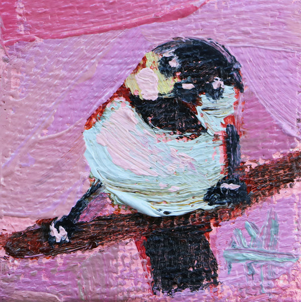 Chickadee on Pink Burlap Mini Original Painting by Angela Moulton