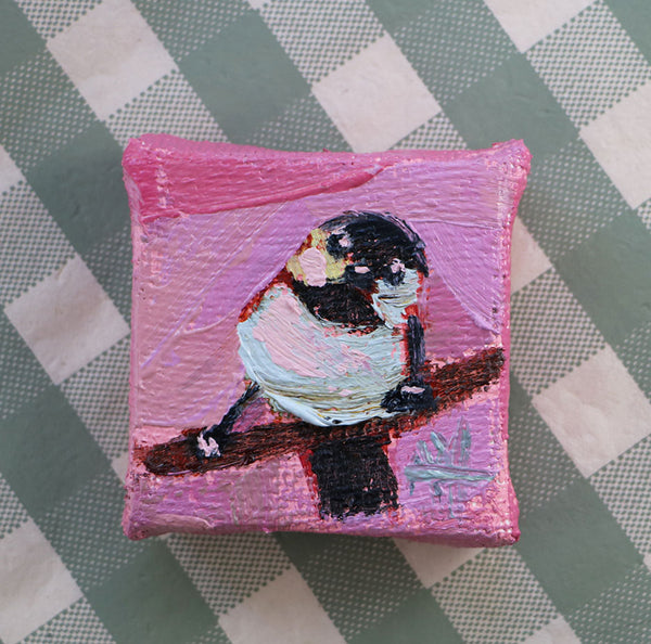 Chickadee on Pink Burlap Mini Original Painting by Angela Moulton