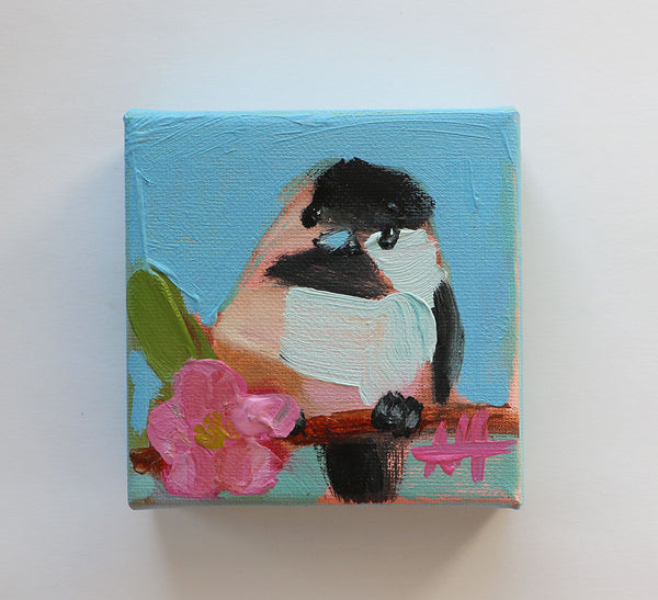 Chickadee and Pink Flower Original Painting by Angela Moulton