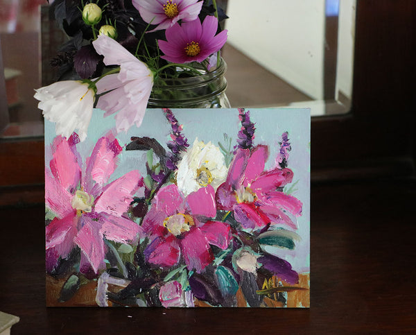 Cosmos and Opal Basil Original Painting by Angela Moulton