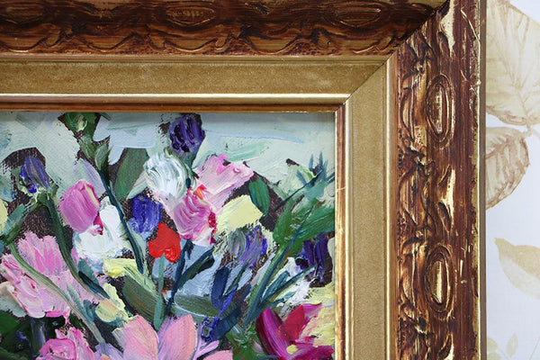 End of Summer Flowers in Vintage Wood Frame Original Painting by Angela Moulton