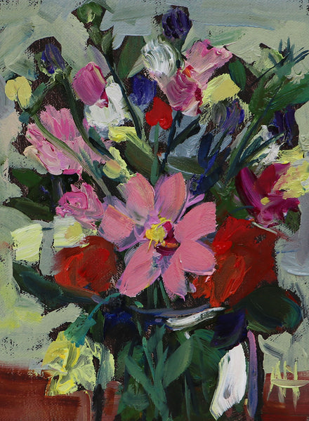 End of Summer Flowers in Vintage Wood Frame Original Painting by Angela Moulton