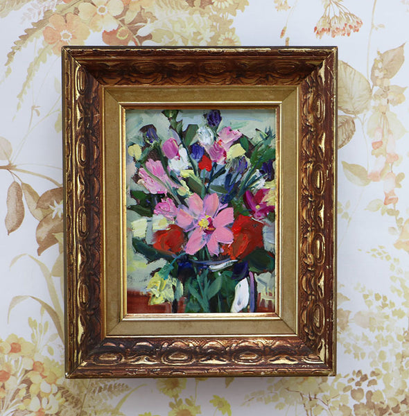End of Summer Flowers in Vintage Wood Frame Original Painting by Angela Moulton