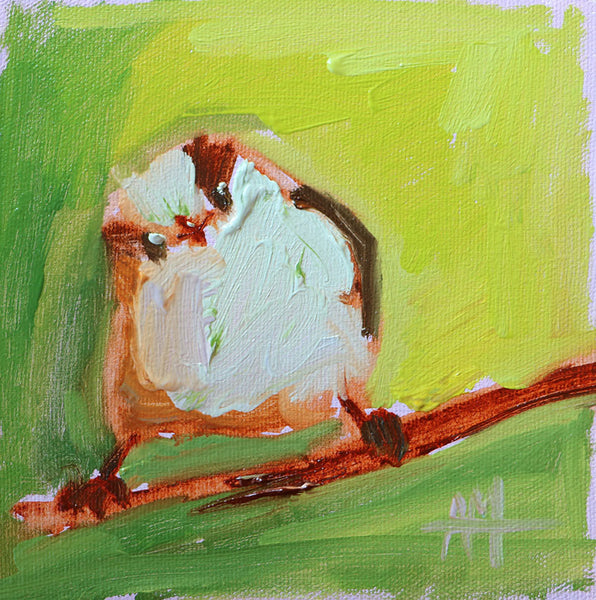 Long-Tailed Titbird on Green Original Painting by Angela Moulton