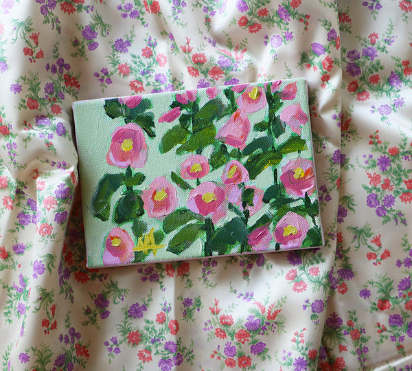 Pink Hollyhocks Original Painting by Angela Moulton