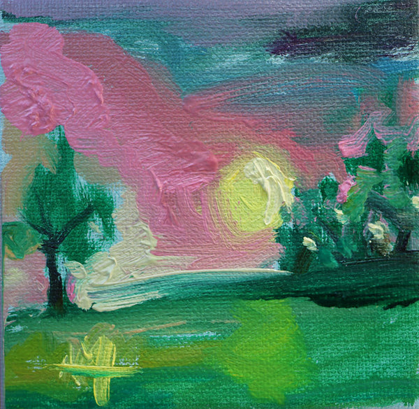Pink Sunset Landscape Mini Original Painting by Angela Moulton