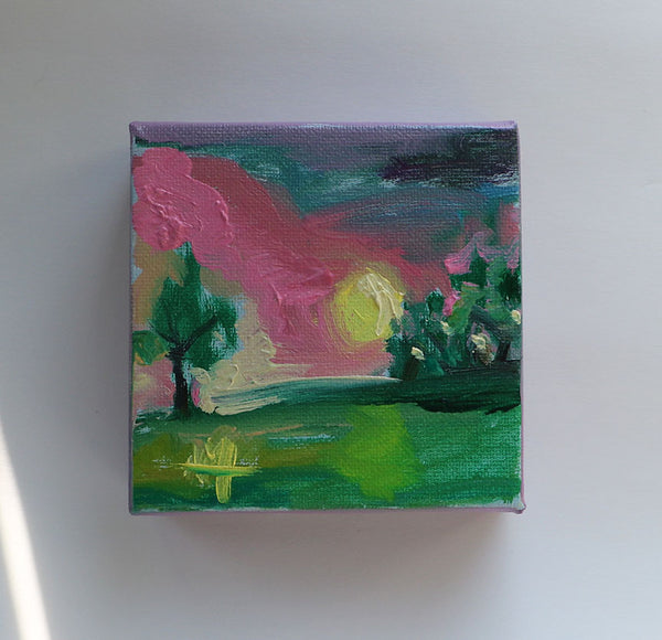 Pink Sunset Landscape Mini Original Painting by Angela Moulton