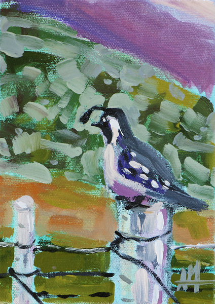 Quail on Fence Post Original Painting by Angela Moulton