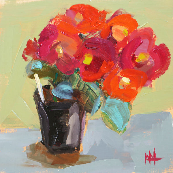 Red Begonias Original Oil Painting by Angela Moulton