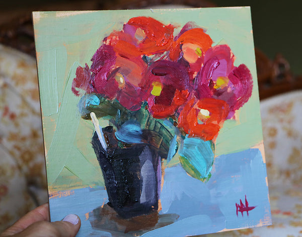Red Begonias Original Oil Painting by Angela Moulton