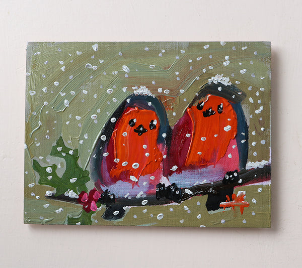Snowy Robins Original Oil Painting by Angela Moulton