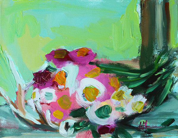 Strawflowers and Antler on Window Sill Original Oil Painting by Angela Moulton