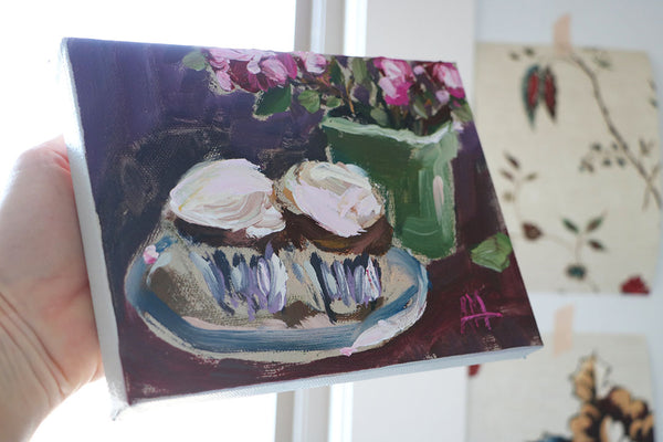 Sweet Potato Cupcakes and Azaleas Original Painting by Angela Moulton
