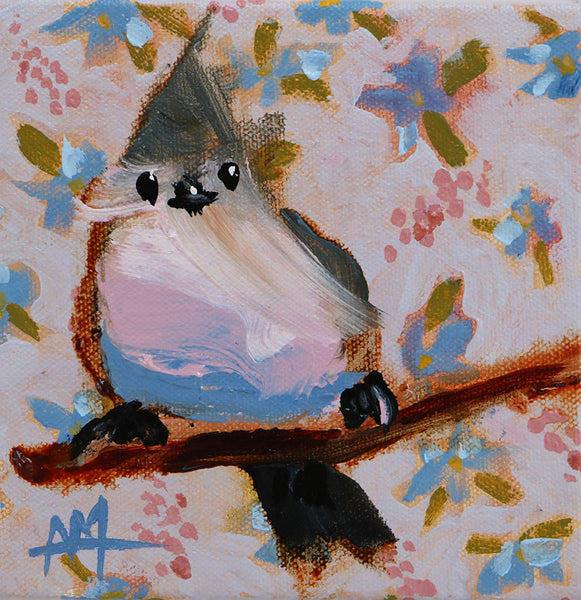 Titmouse on Floral Background Original Painting by Angela Moulton