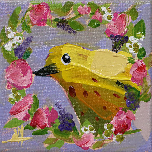 Warbler in Floral Wreath Original Painting by Angela Moulton