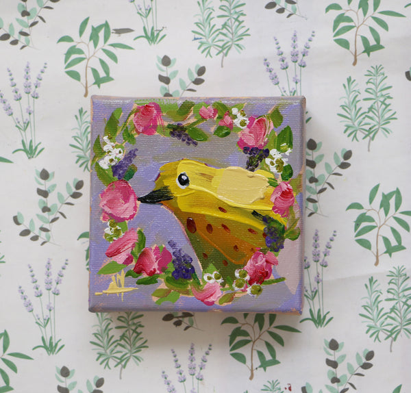 Warbler in Floral Wreath Original Painting by Angela Moulton