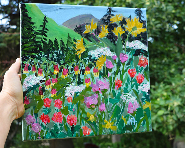 Wildflowers on the Way to Iceberg Lake, Glacier Original Oil Painting Angela Moulton