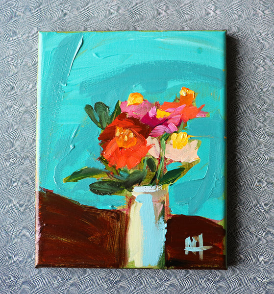 Zinnias on Turquoise Original Painting by Angela Moulton
