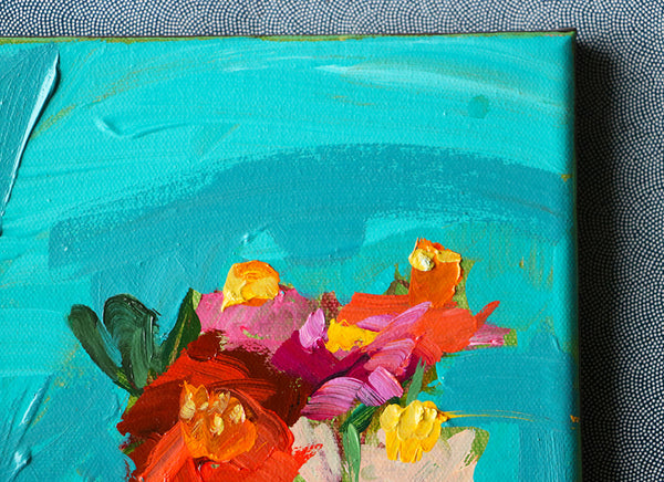 Zinnias on Turquoise Original Painting by Angela Moulton