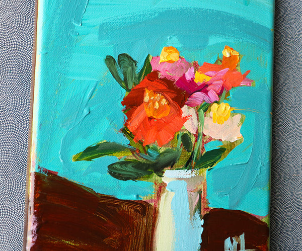 Zinnias on Turquoise Original Painting by Angela Moulton